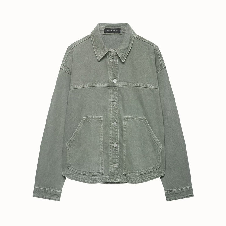 Women's Boxy Cropped Denim Work Jacket with Large Applied Front Pockets Amarae