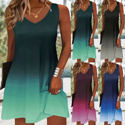 Summer dress with V-neck for ladies featuring a bright gradient of colors and a light, breathable fabric Amarae