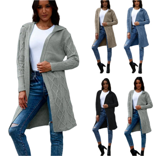 Women's knitted jacket with hood and stylish cable patterns Amarae