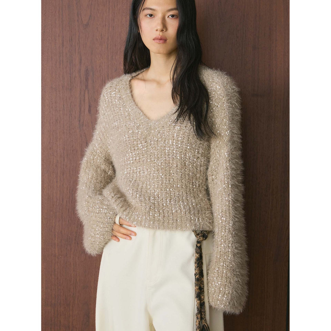 Women Fluffy Mohair-Look V-Neck Sweater with Glitter Threads Amarae