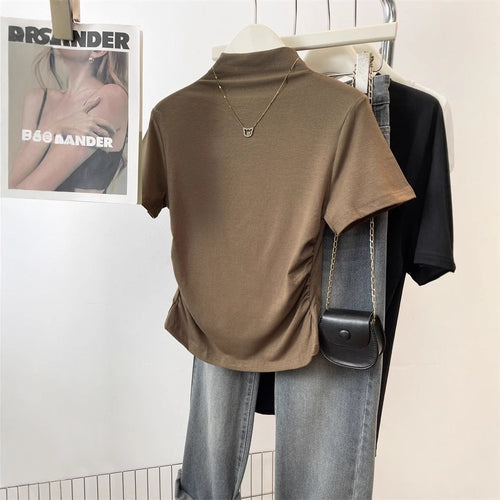 Women fitted T-shirt with stand-up collar and sophisticated ruffle detail