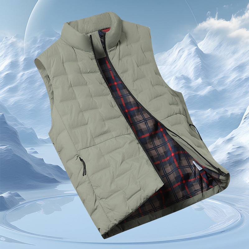 Men's Quilted Padded Vest with Checked Lining and Stand-Up Collar Amarae