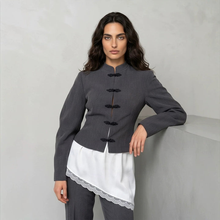 Women's Tailored Cropped Blazer with Mandarin Collar and Decorative Knot Closure Amarae