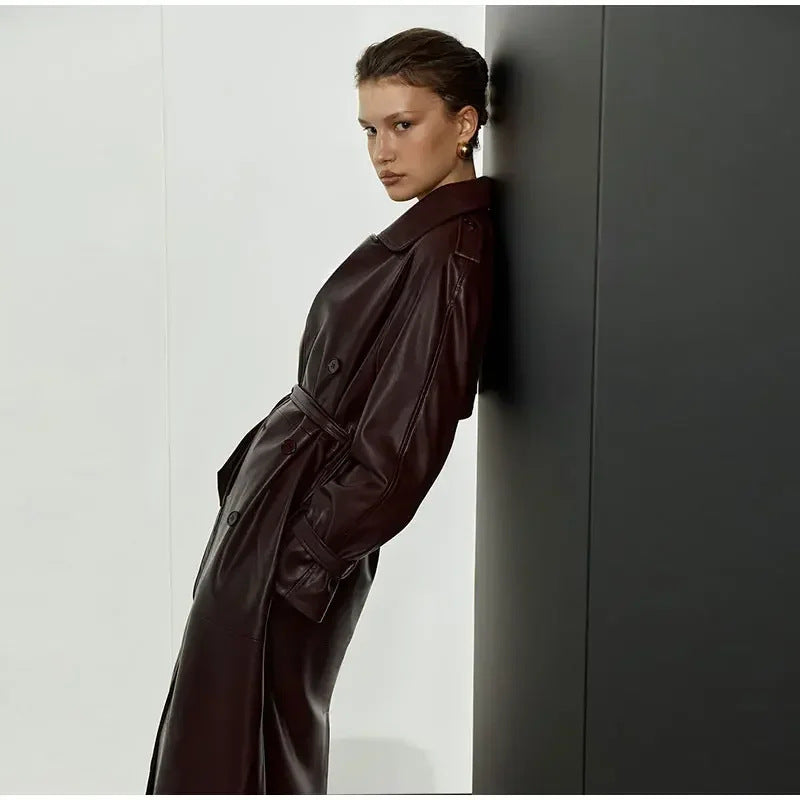 Elegant trench coat in faux leather for women with belted waist Lune London