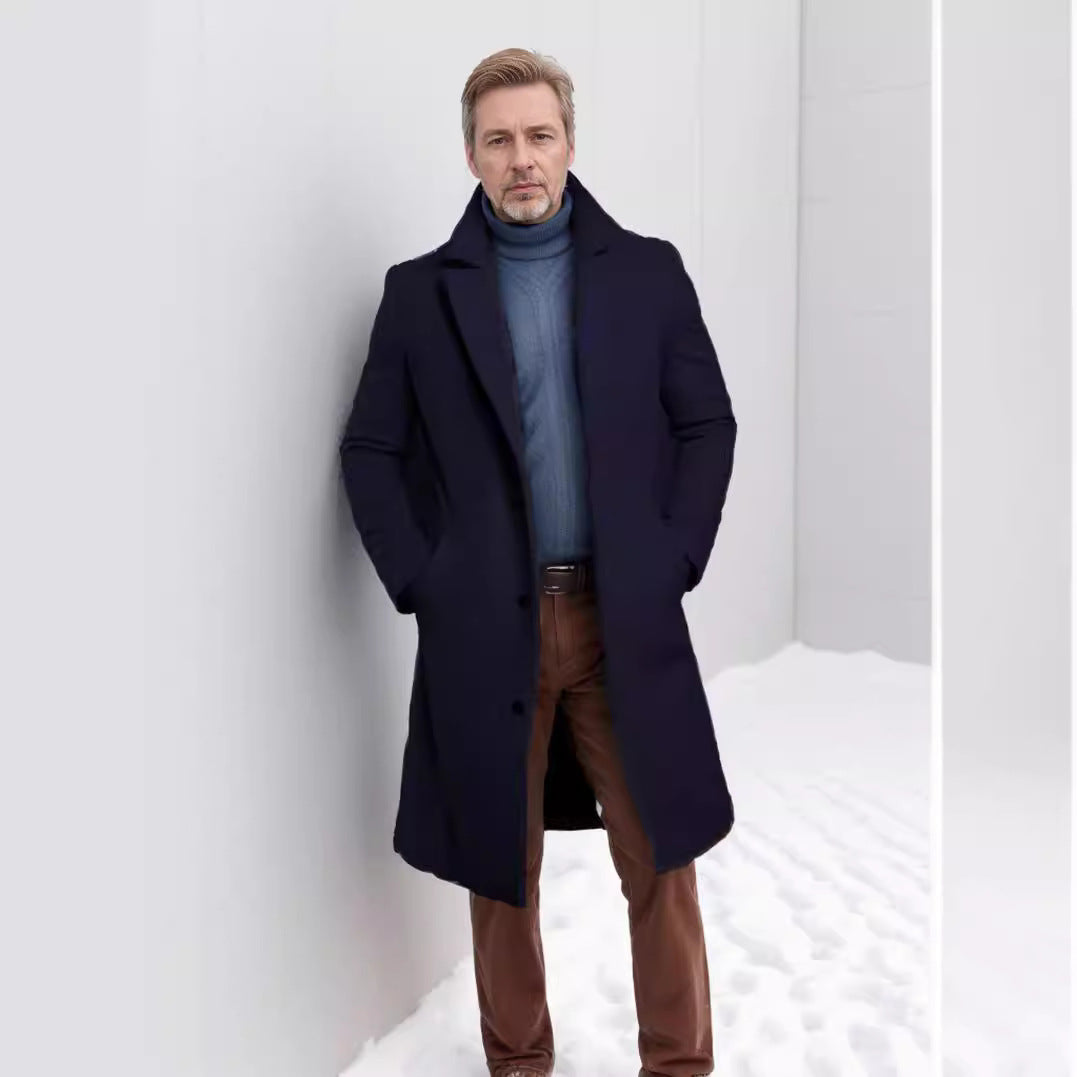 Elegant long coat for men with a textured premium material and practical pockets Amarae