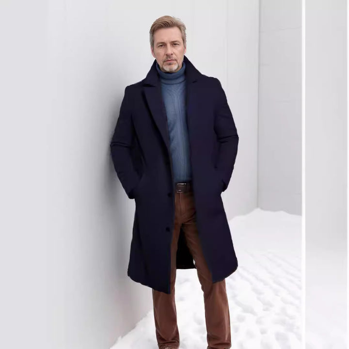 Elegant long coat for men with a textured premium material and practical pockets Amarae