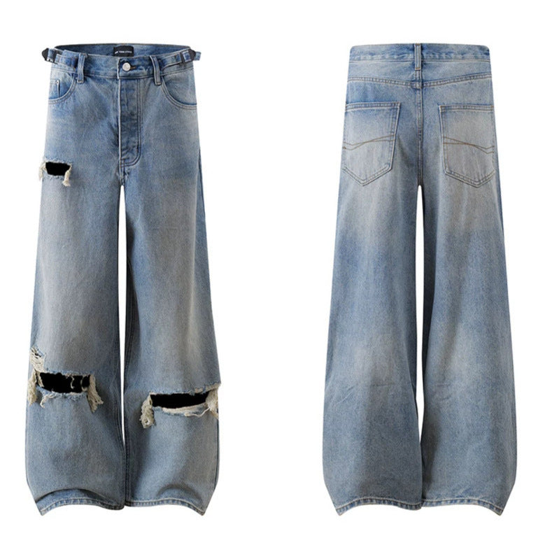 Women Wide Distressed Denim Palazzo Jeans with High Waist and Rip Details Amarae