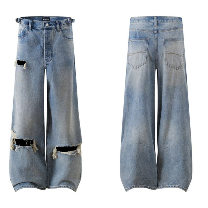 Women Wide Distressed Denim Palazzo Jeans with High Waist and Rip Details Amarae