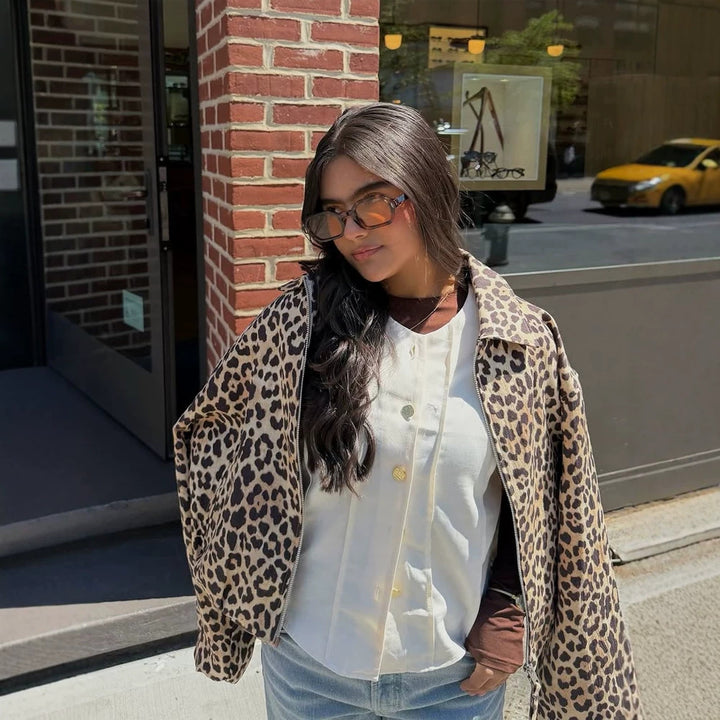 Women’s padded oversized bomber jacket with leopard print and stand-up collar Amarae