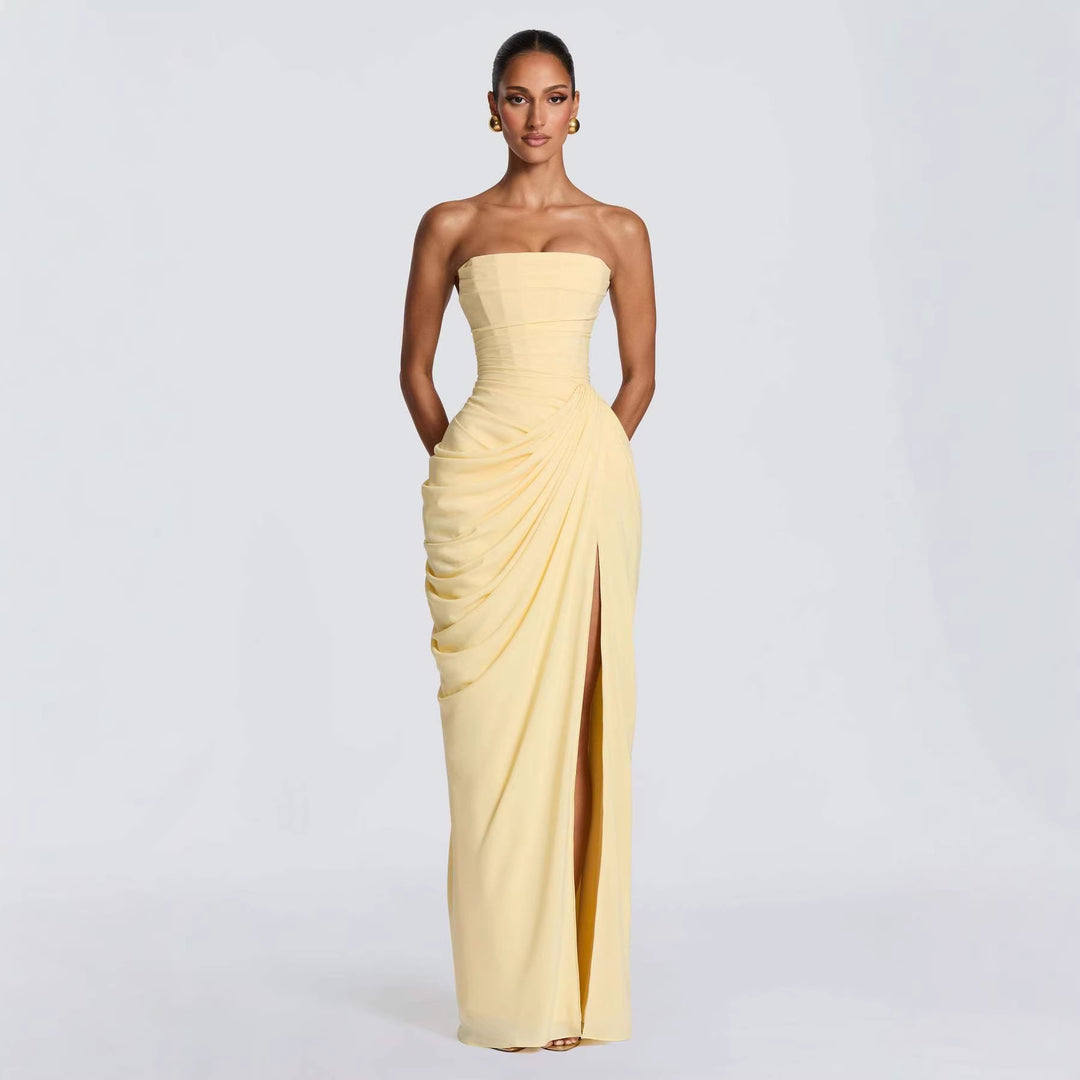 Ladies Elegant Long Sleeve Evening Dress with Asymmetric Draping and Narrow Slit