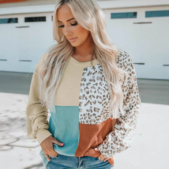 Ladies Oversize Patchwork Sweater with Animal Print and Textured Knit Amarae
