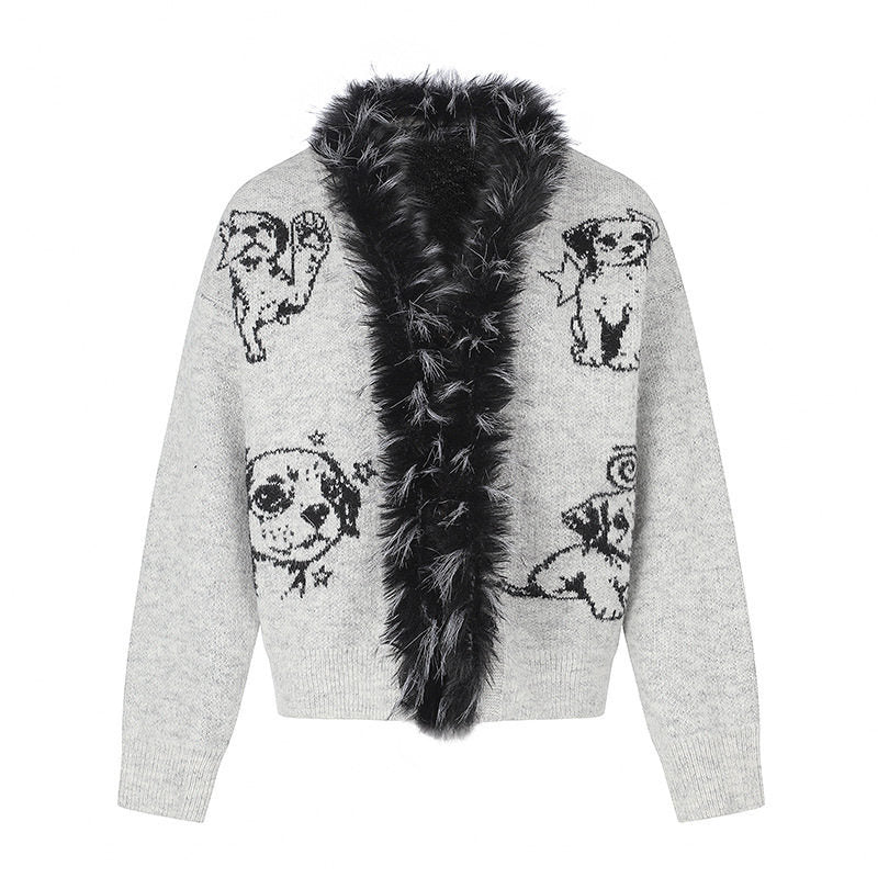 Women's cardigan with faux fur collar and illustrative dog motif Amarae