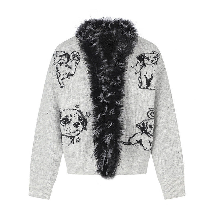 Women's cardigan with faux fur collar and illustrative dog motif Amarae
