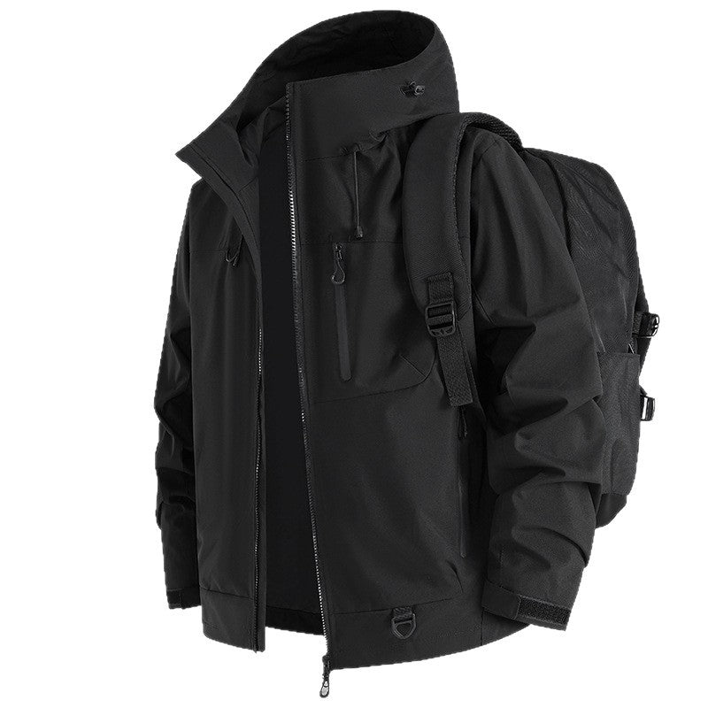 Functional outdoor jacket for men with adjustable hood drawstring and practical zip pockets Lune London