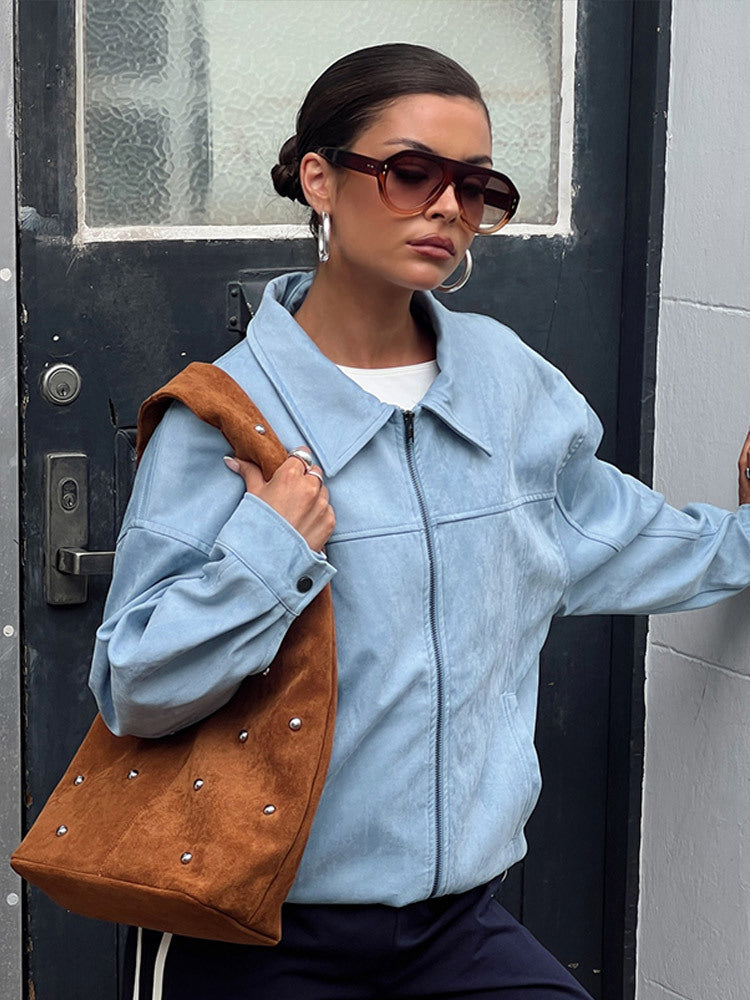Women's Lightweight Suede-Look Blouson with Shirt Collar, Full Zipper and Boxy Silhouette Amarae