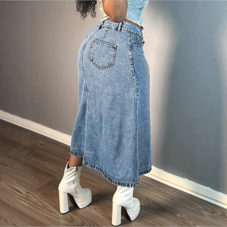 Women A-line denim mid-skirt with high-waisted waistband and continuous button placket Amarae