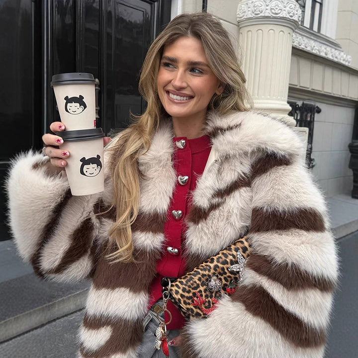 Women Striped Oversize Faux Fur Coat with Short Boxy Cut Amarae