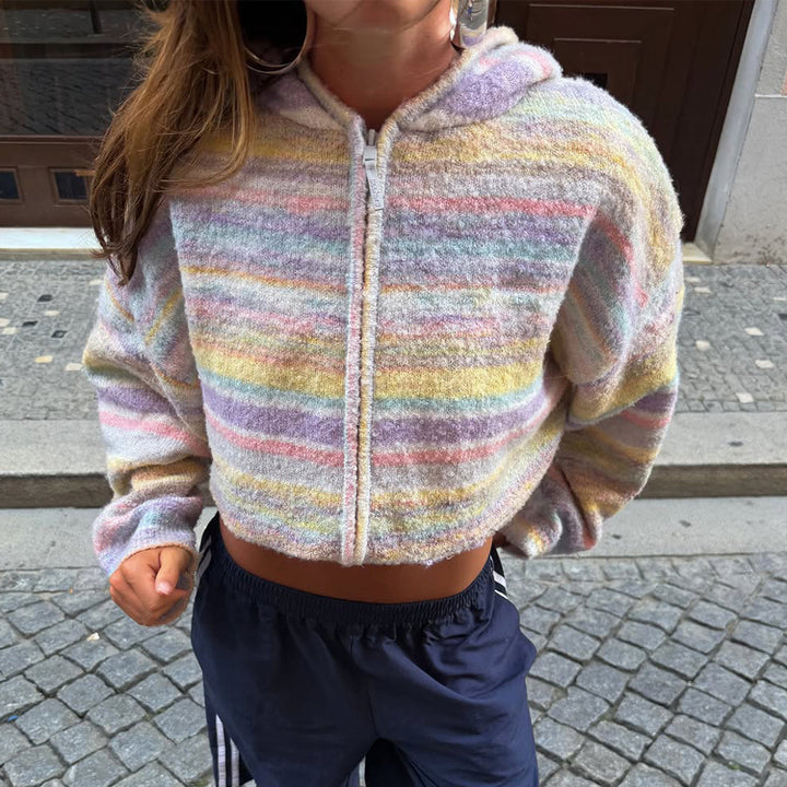 Women Cropped Hooded Cardigan in Fluffy Stripe Pattern with Zipper and Boxy Cut Amarae
