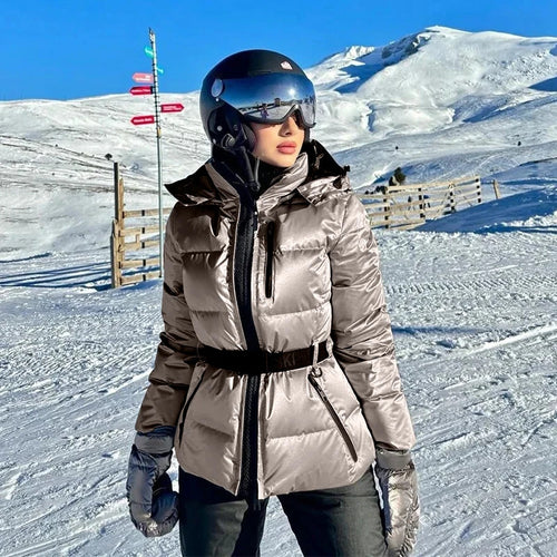 Warm quilted jacket for women with removable hood and belt at the waist Amarae