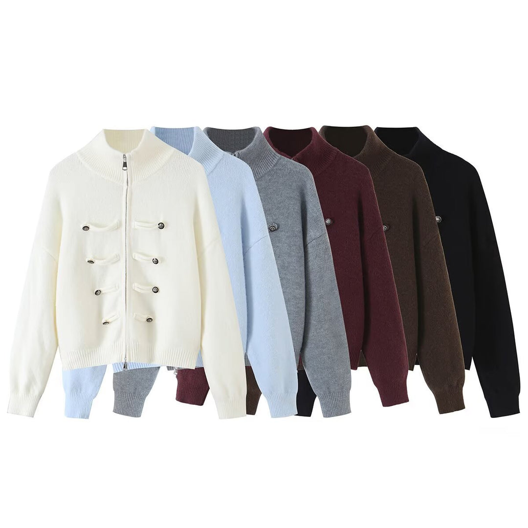 Ladies cardigan with stand-up collar, zipper and decorative knot trims Amarae