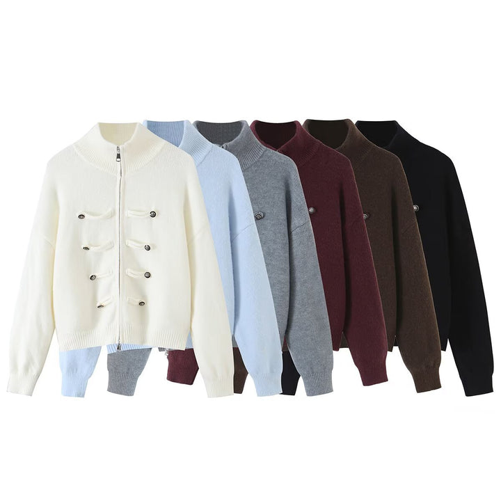 Ladies cardigan with stand-up collar, zipper and decorative knot trims Amarae