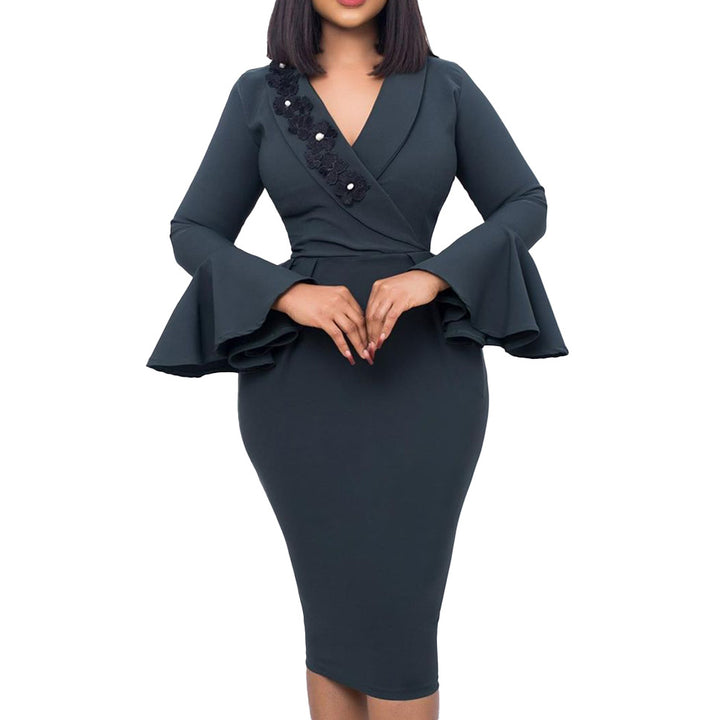 Floral accent chic and style women's wrap dress with ruffled sleeves
