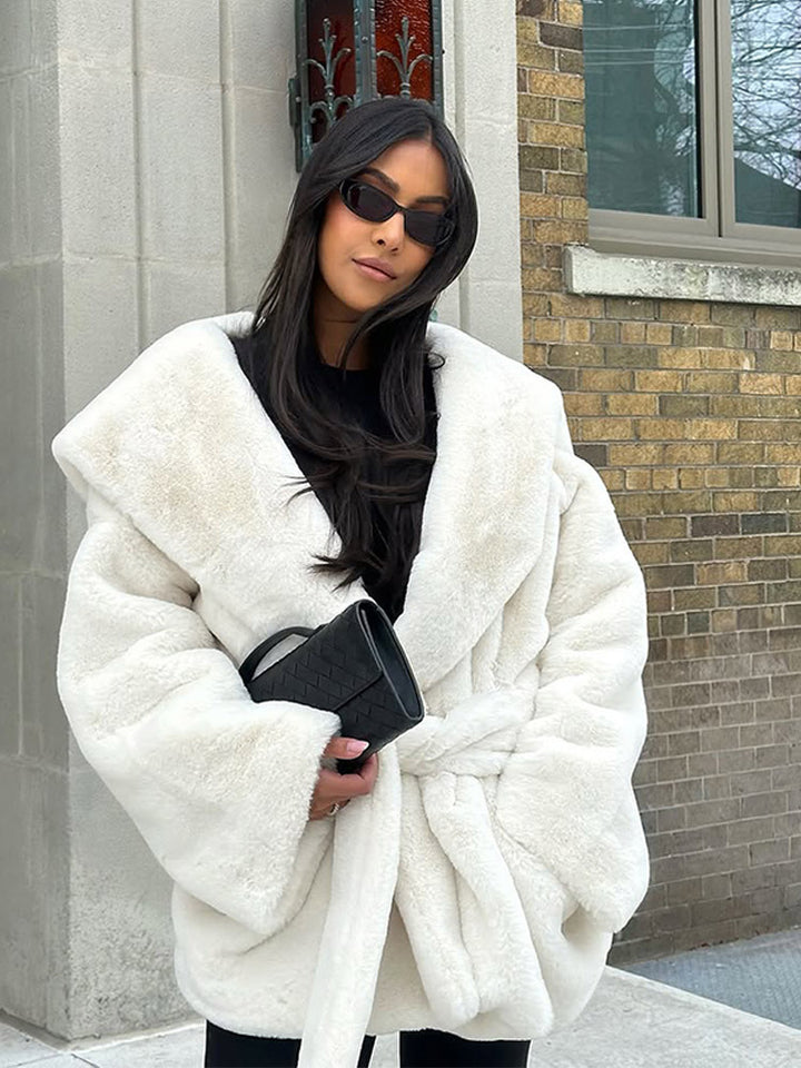 Women's Oversized Teddy Coat with Extra Large Shawl Collar and Wrap Belt Amarae