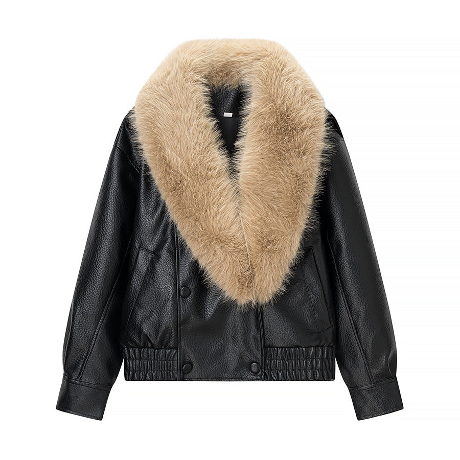 Women Quilted Leather Look Blouson with Voluminous Fur Collar Amarae