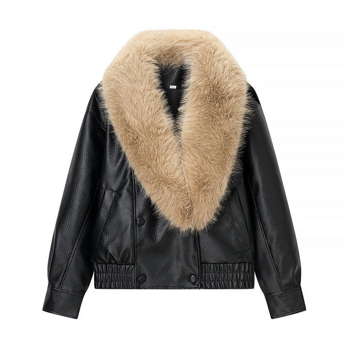 Women Quilted Leather Look Blouson with Voluminous Fur Collar Amarae