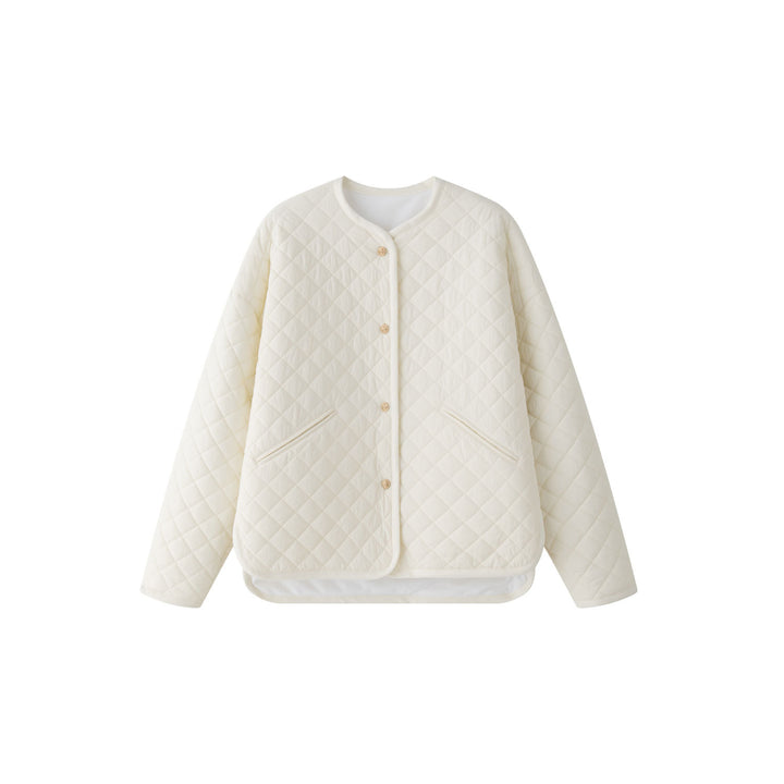 Women’s light padded oversized quilted jacket with round neckline and patch pockets Amarae