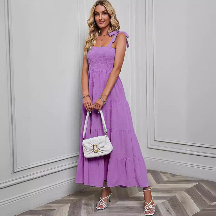 Women's maxi dress with delicate smock top and adjustable straps Lune London