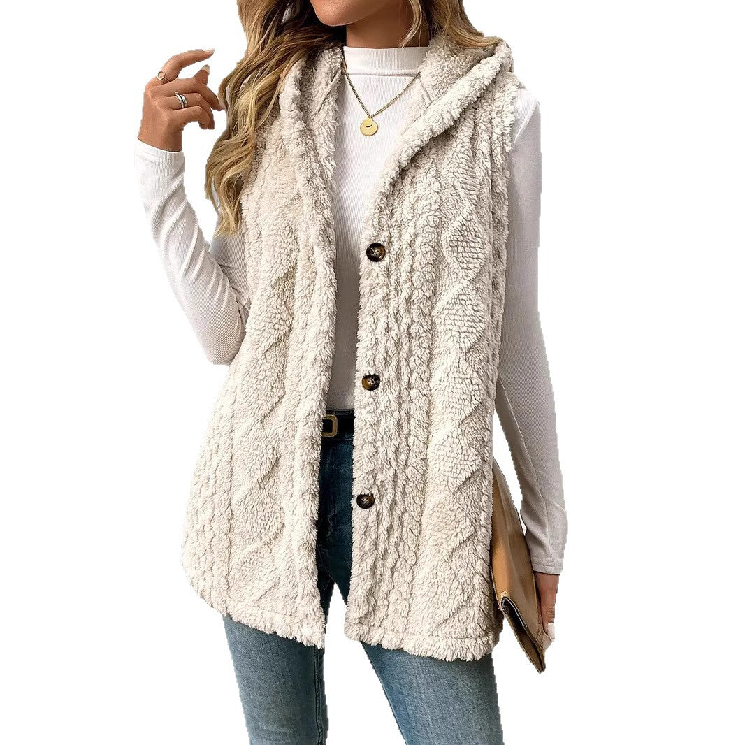 Fleece vest for women with hood and button closure Amarae