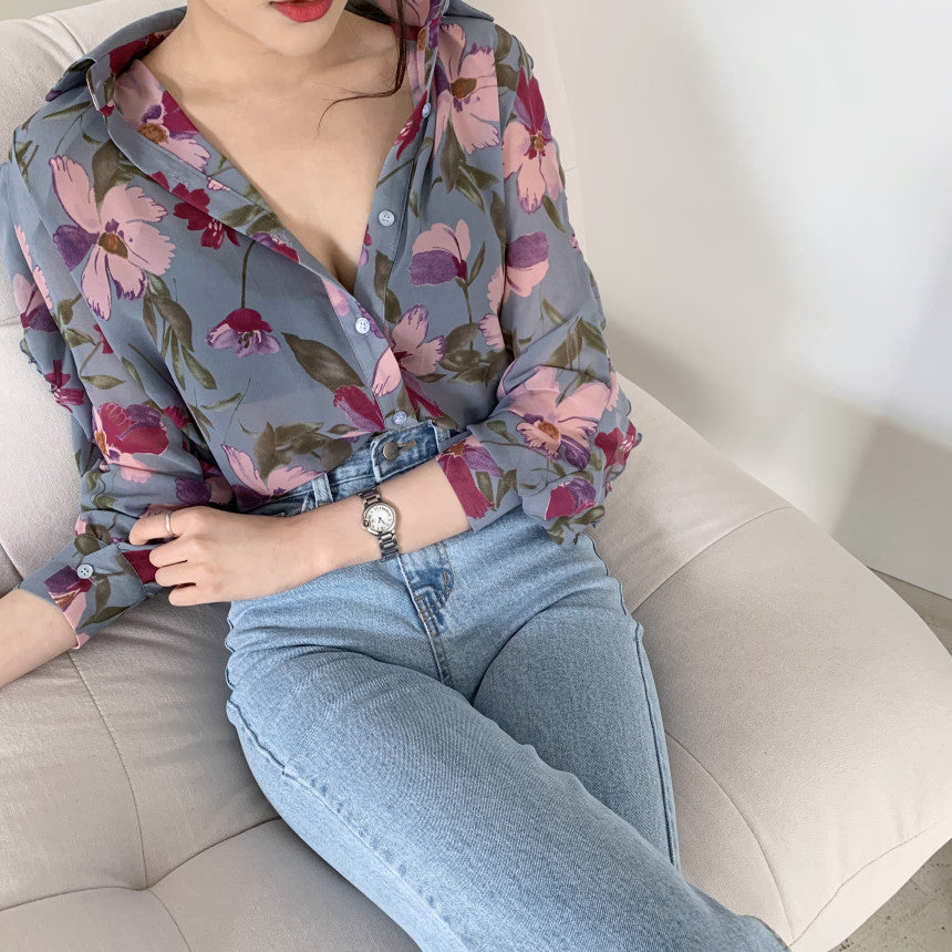 Lune London floral print button-up sheer blouse for ladies