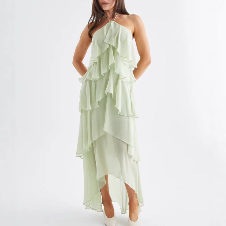 Women's Airy Chiffon Maxi Dress with Ruffle Details and Elegant Halter Neck Lune London