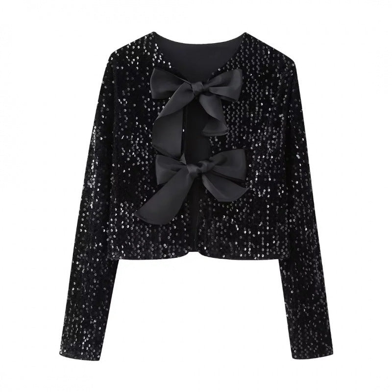 Women Sequin Cropped Jacket with Open Front Panels and Large Satin Ribbons Amarae