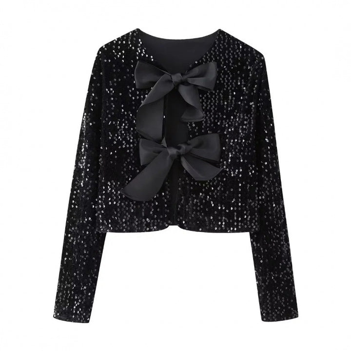 Women Sequin Cropped Jacket with Open Front Panels and Large Satin Ribbons Amarae