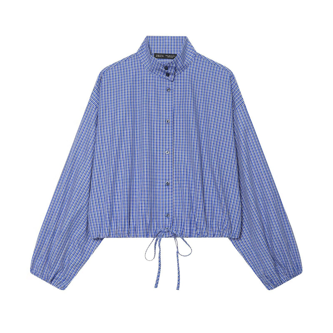 Women's checkered short-cut blouse shirt with stand collar, balloon sleeves, and drawstring