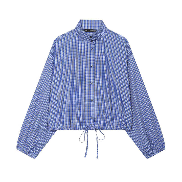 Women's checkered short-cut blouse shirt with stand collar, balloon sleeves, and drawstring