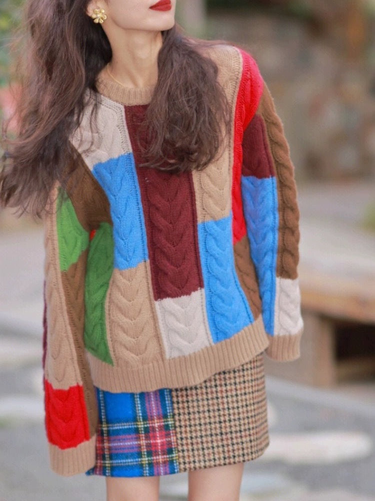 Pull en tricot épais pour femmes avec un motif patchwork accrocheur Chic & Stil