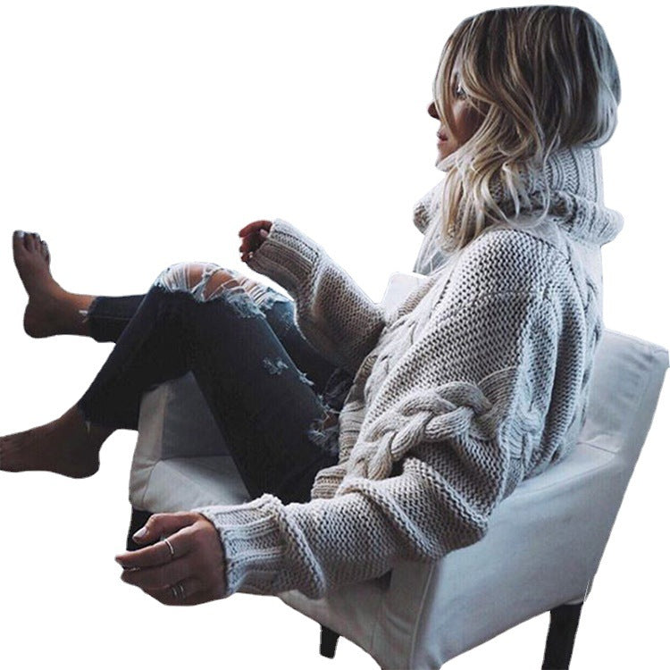Thick knit women's sweater with high collar and cable design Lune London