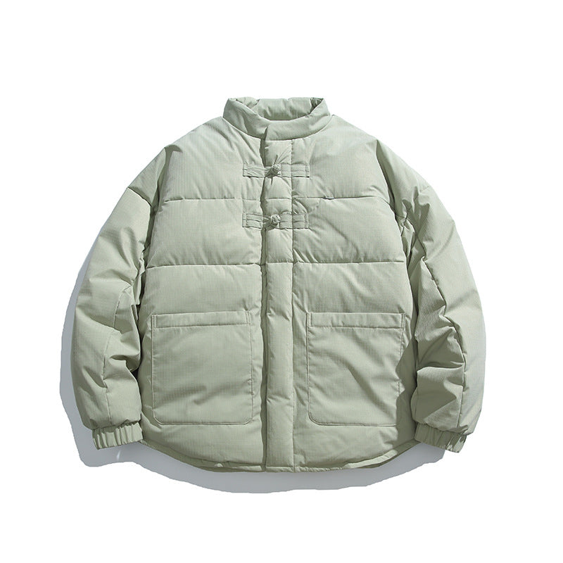 Unisex Boxy padded stand-up collar jacket with Chinese toggle closures and large front pockets Amarae