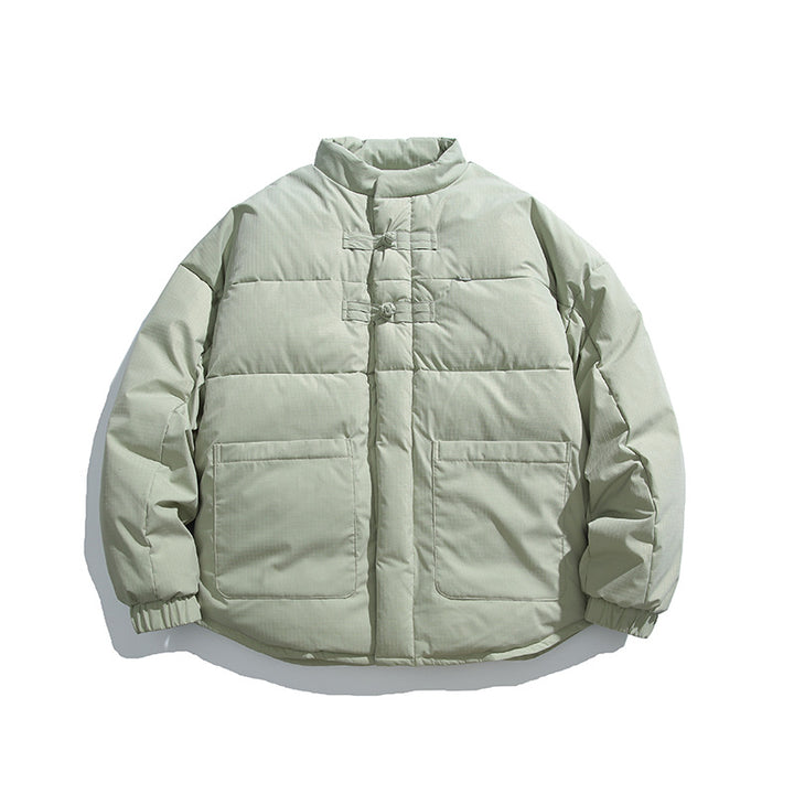Unisex Boxy padded stand-up collar jacket with Chinese toggle closures and large front pockets Amarae