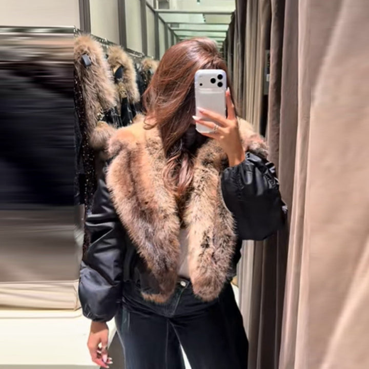Women's short jacket with voluminous faux fur shawl collar Amarae