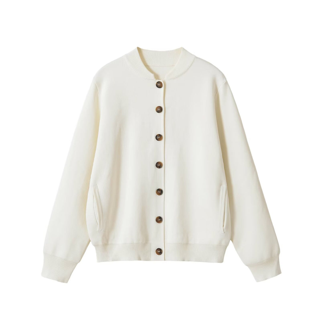 Women's loose-fitting bomber-style cardigan with button placket and ribbed cuffs Amarae