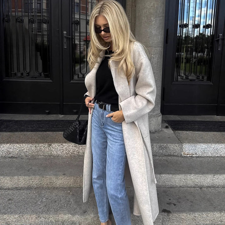 Women's Oversized Wool Blend Coat with Open Fall, Wide Shawl Collar, and Straight Cut Amarae