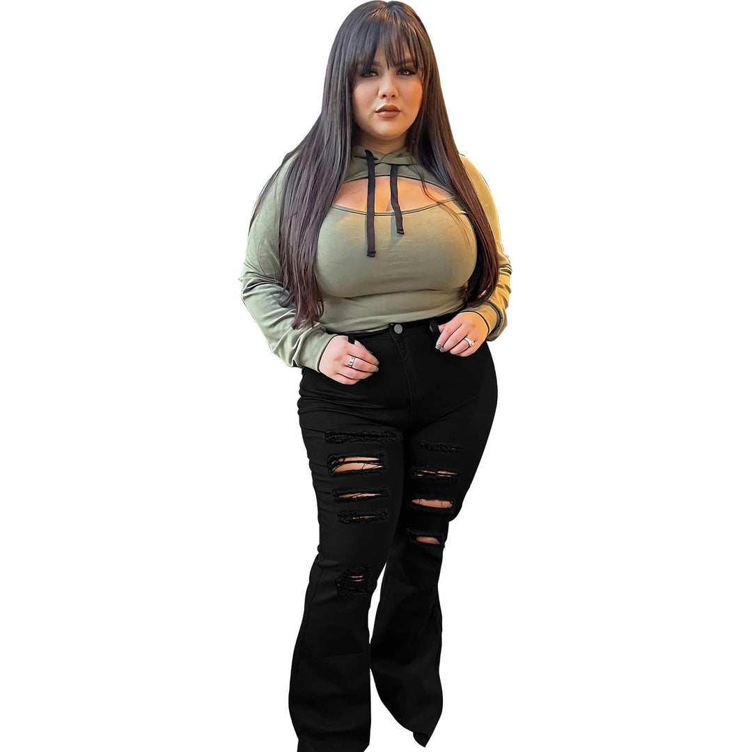 Women's High-Waist Flared Pants in Stretch Denim with Multiple Destroyed Effect Amarae