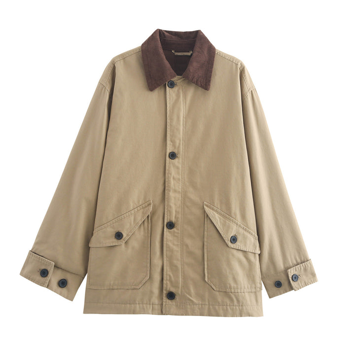 Transitional jacket for women with practical flap pockets and a corduroy collar Lune London