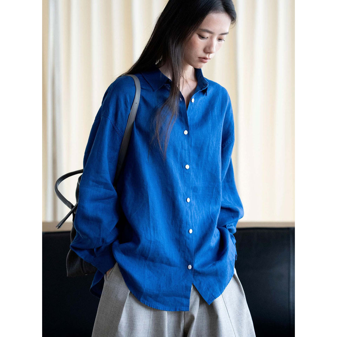 Women's Relaxed-Fit Linen Shirt Blouse with Classic Collar and Rounded Hem Amarae