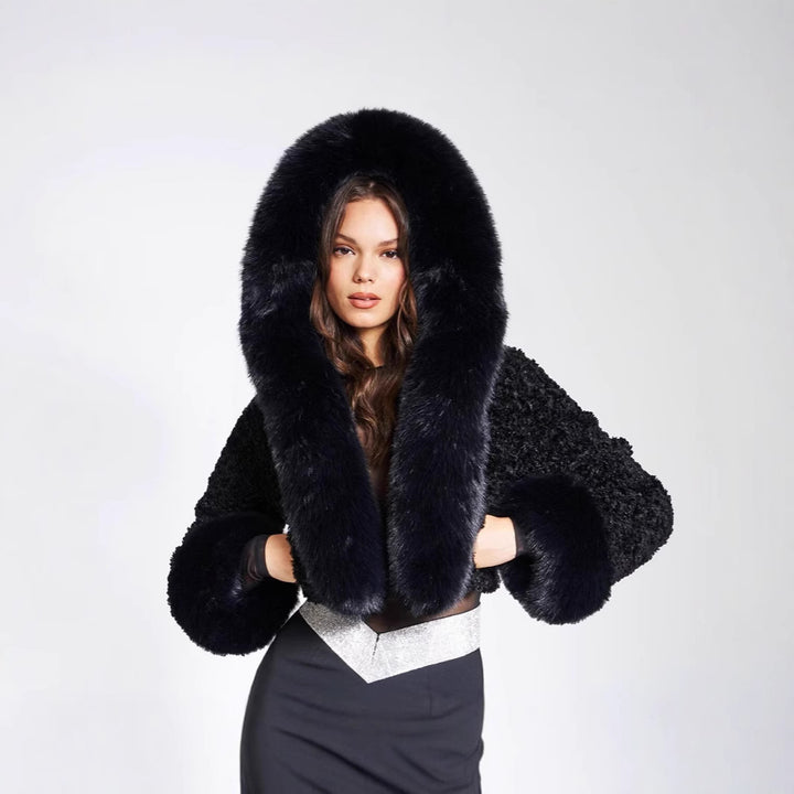 Women's short bolero made of bouclé faux fur with voluminous hood and fur cuffs Amarae