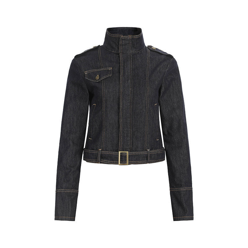 Women's tailored denim jacket with high stand-up collar, waist belt and shoulder patches Amarae